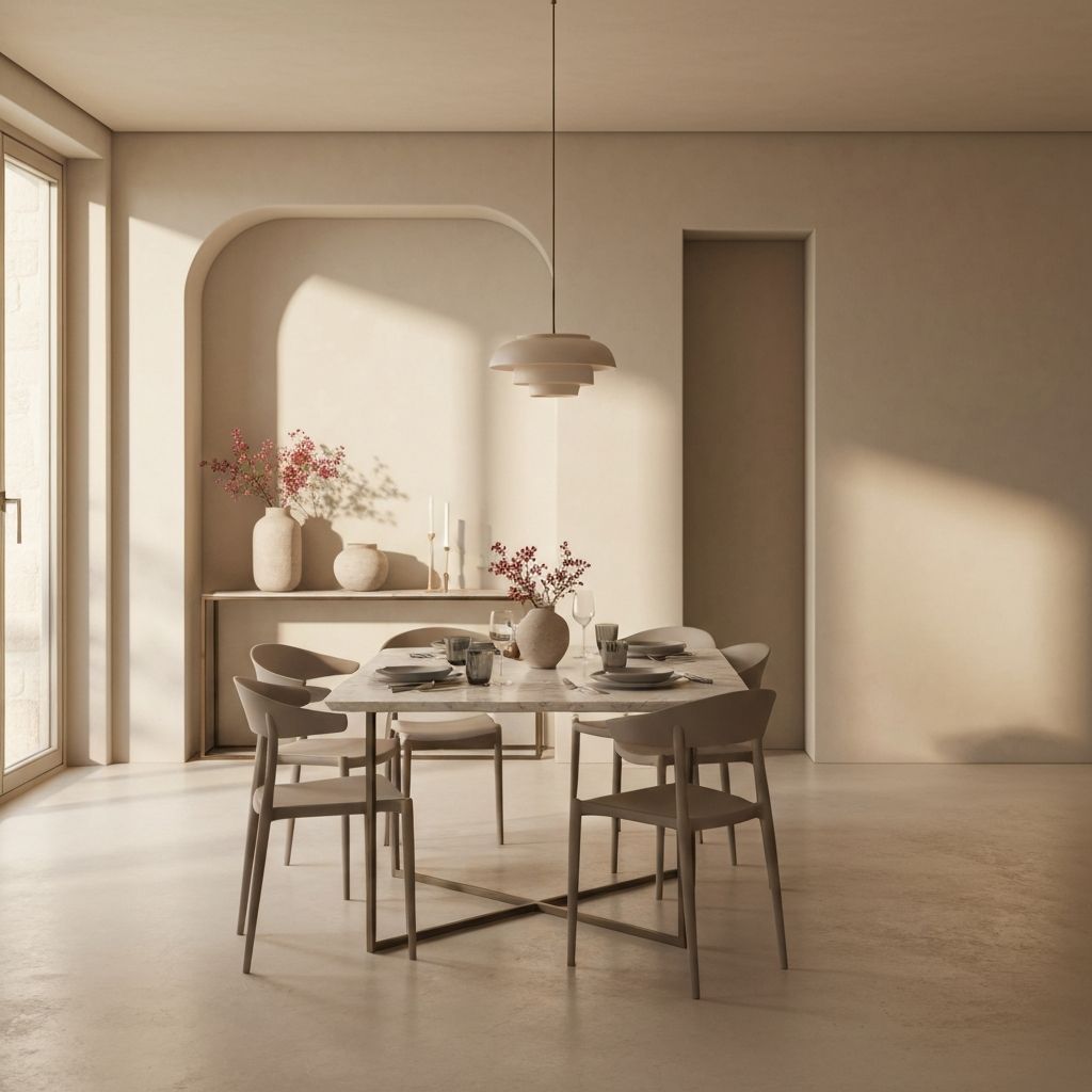 Tih elegantan objedom s mekiom svjetlom, minimalistički postav stola, mirniji mediteranski interijer